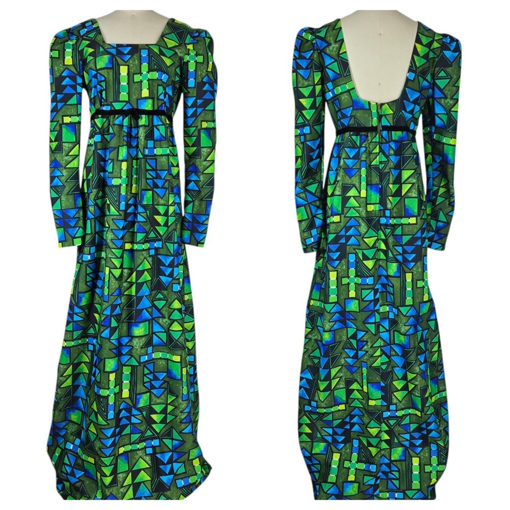 Vintage 1970s Maxi Dress S Green Blue Geometric Stained Glass Psych Mod Mosaic